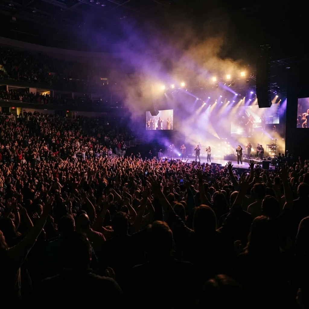 Large arena crowd with raised hands under purple and gold stage lights during a live gospel concert