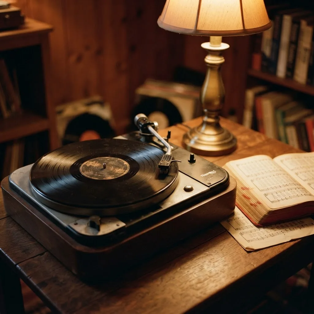 Vintage vinyl gospel record on a turntable beside a church hymn book under warm lamp light