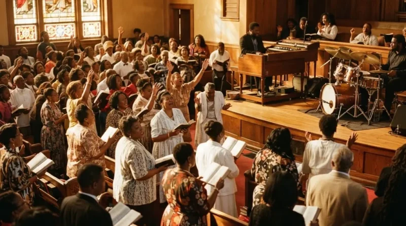 Church interior during gospel worship with Hammond organ, drums, stained glass golden light and a standing congregation