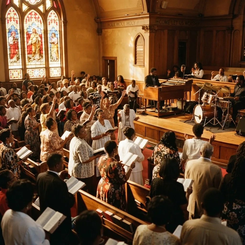 Church interior during gospel worship with Hammond organ, drums, stained glass golden light and a standing congregation