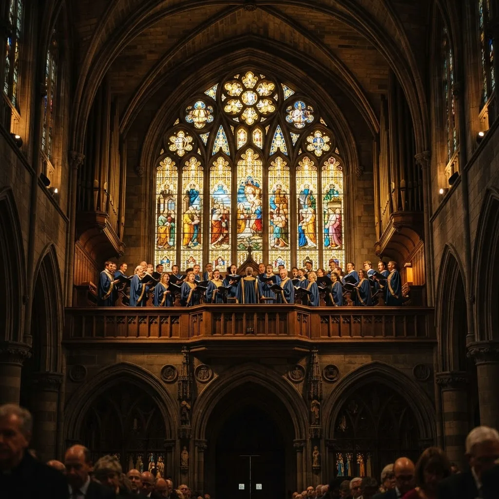 Church choir loft seen from below with golden and blue stained glass windows glowing
