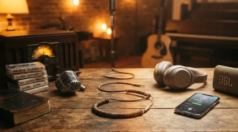 Vintage radio and cassette tapes transitioning into modern headphones and a smartphone, symbolizing the eras of gospel music technology