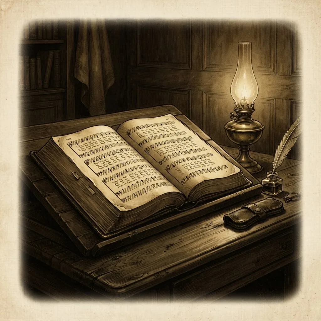 Antique leather hymnal open on a wooden writing desk beside a brass oil lamp in warm golden candlelight