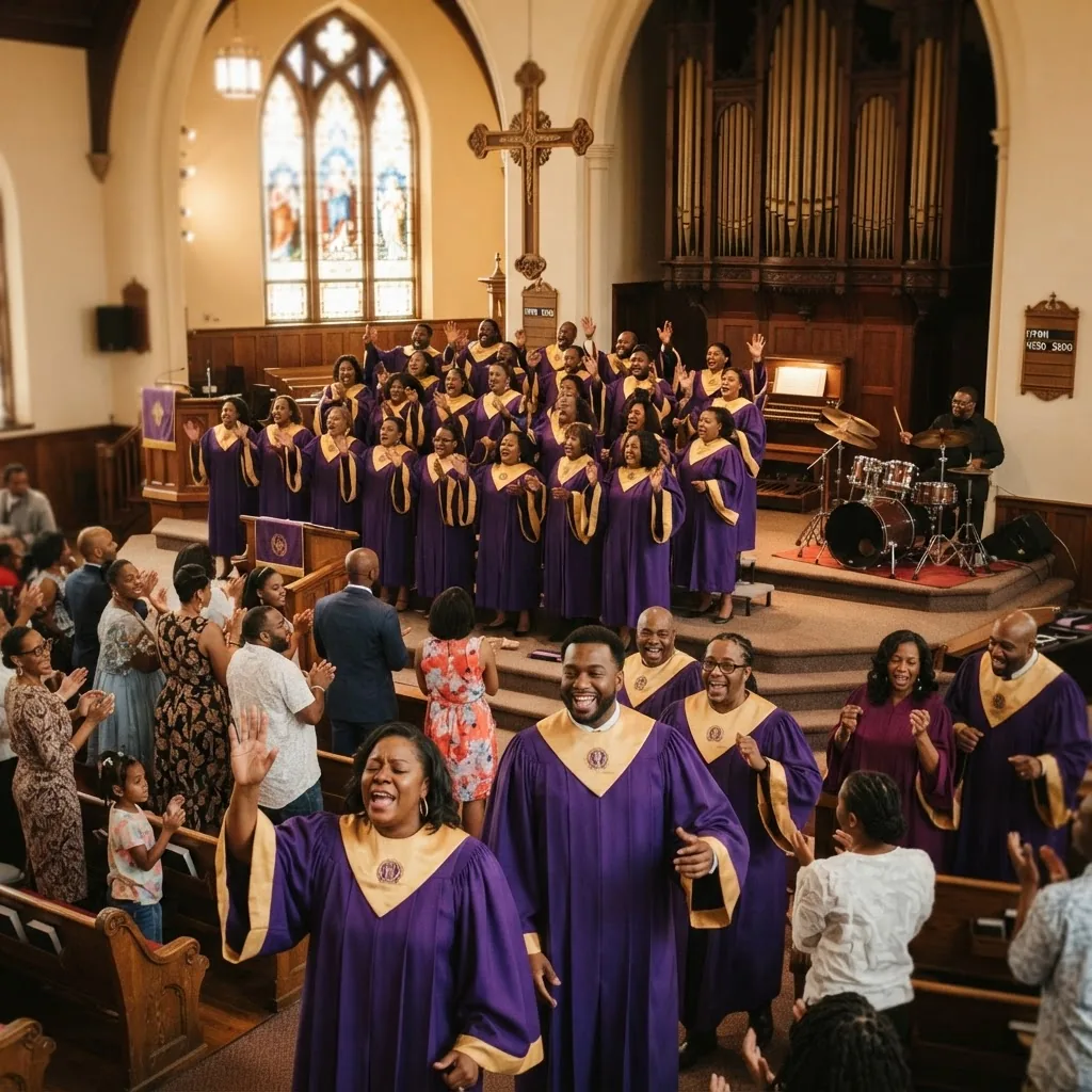 Full gospel choir in purple and gold robes singing in a historic church with a standing congregation