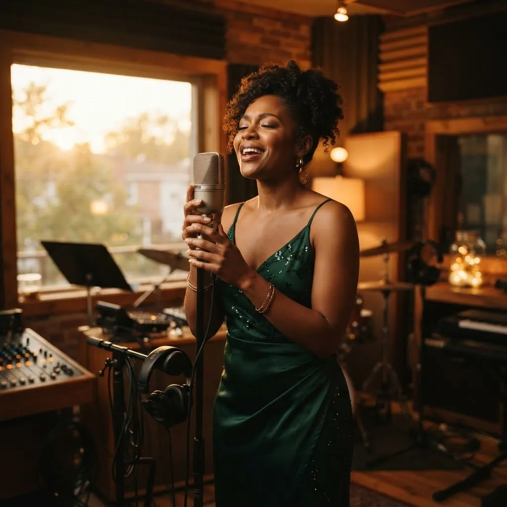 Gospel singer recording in a warm studio