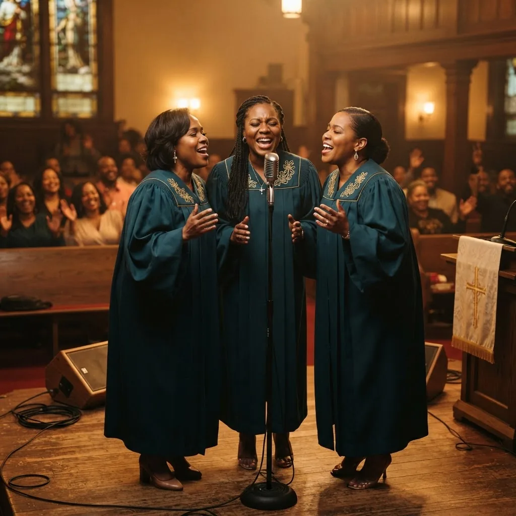 Three gospel singers in elegant attire singing together into one microphone on a small church stage