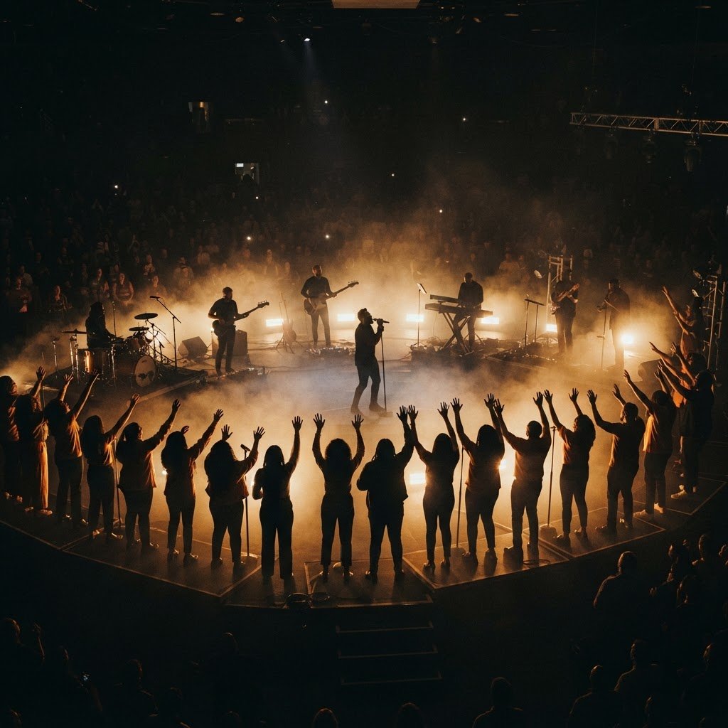 Gospel worship band and choir performing under golden stage lights