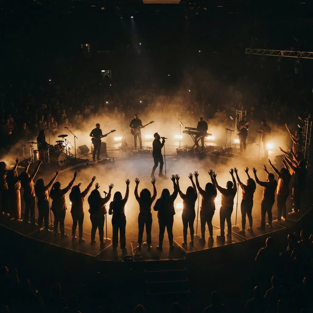 Gospel worship band and choir performing under golden stage lights