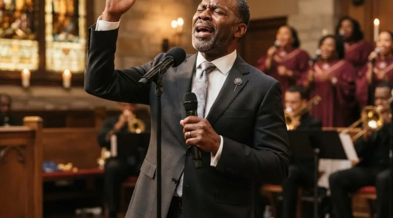 Distinguished gospel singer in a tailored dark suit singing with his eyes closed and one hand raised in a warm church sanctuary