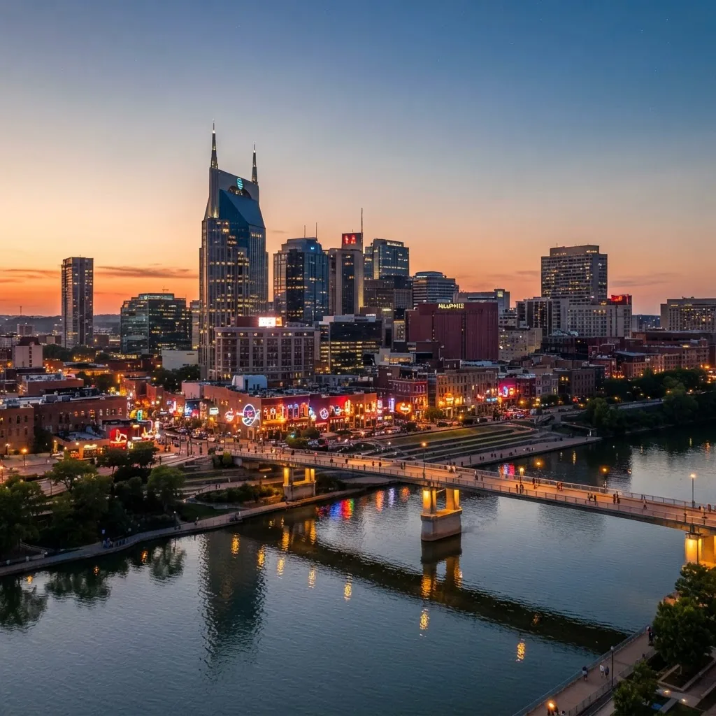 Downtown Nashville skyline and Broadway district glowing at dusk with the Cumberland River in the foreground