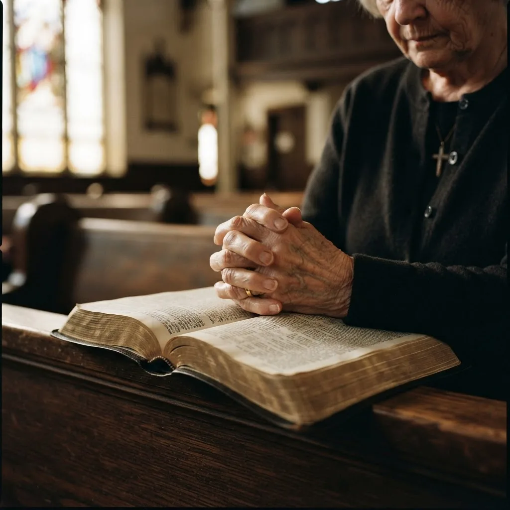 Elderly woman&rsquo;s clasped hands resting in prayer on an open Bible in a warmly lit church pew