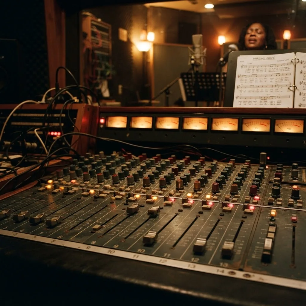 Vintage analog mixing console with warm faders and lights in a recording studio