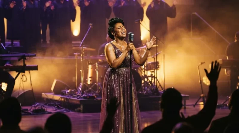 Tasha Cobbs Leonard leading worship on stage during the live recording of TASHA Unscripted, choir behind her and audience with raised hands