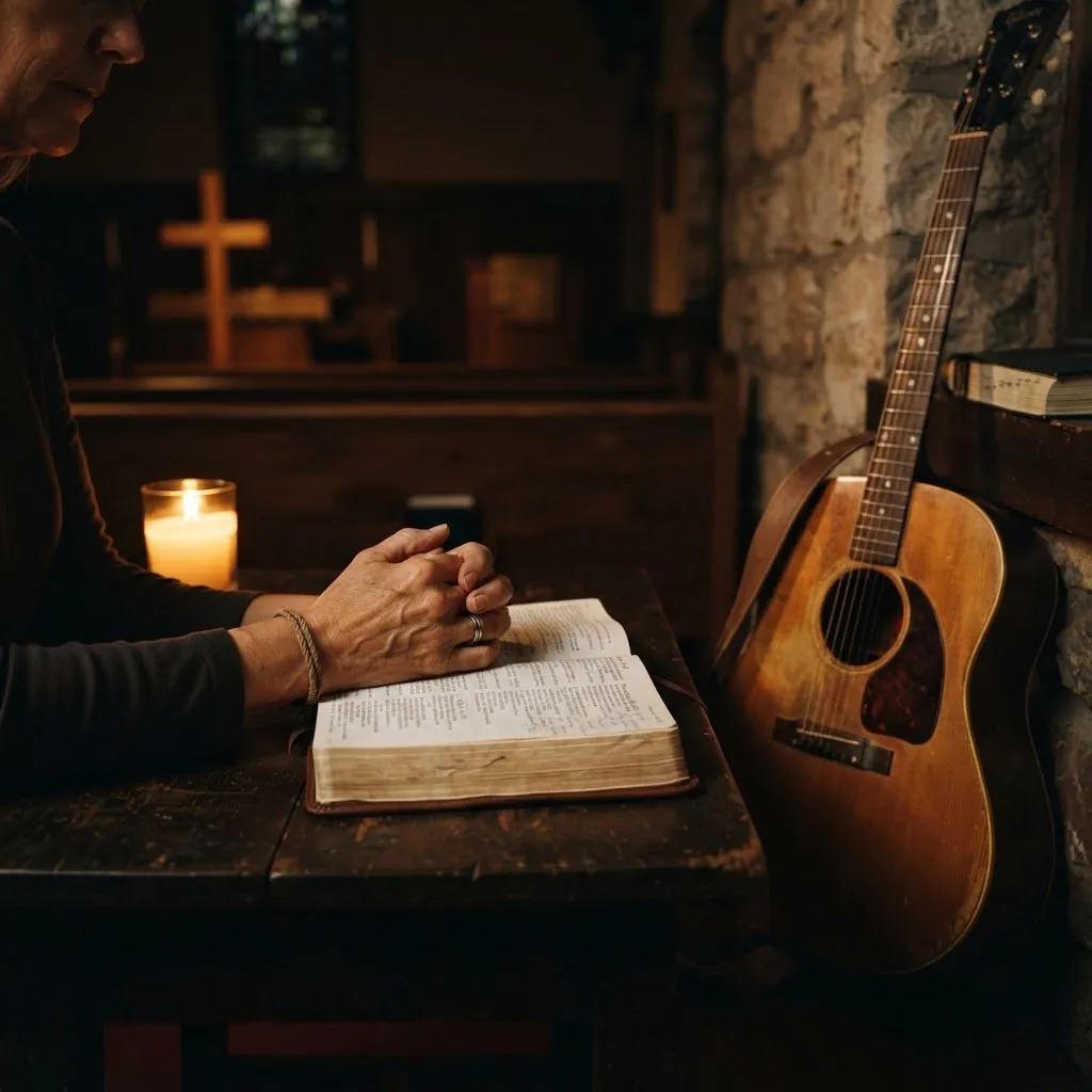 Open Bible and guitar in warm candlelight